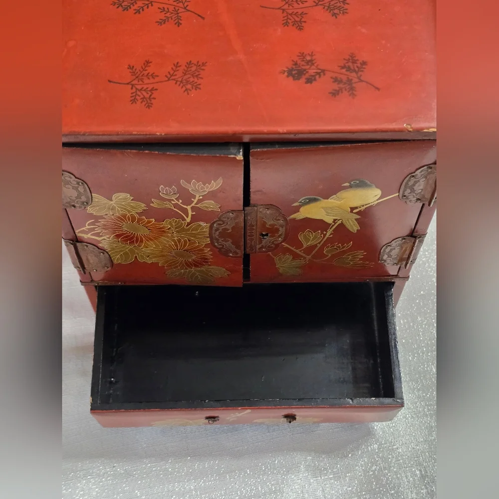 Vintage Japanese Wooden Table Cabinet Handpainted Floral & Bird Design Kodansu